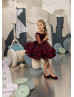 Burgundy Velvet Tulle Pearls Embellished Flower Girl Dress